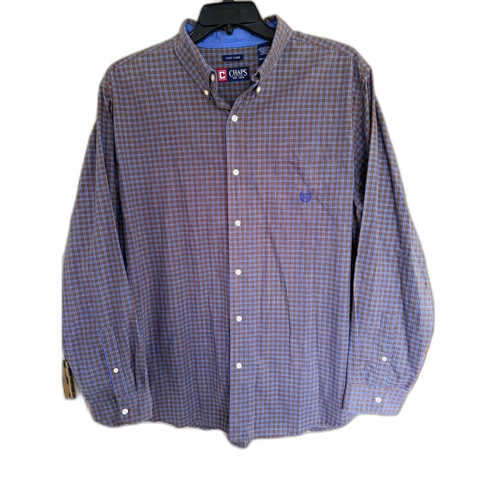Chaps Men's XXL Easy Care Plaid Button Down Shirt Long Sleeve Brown Blue